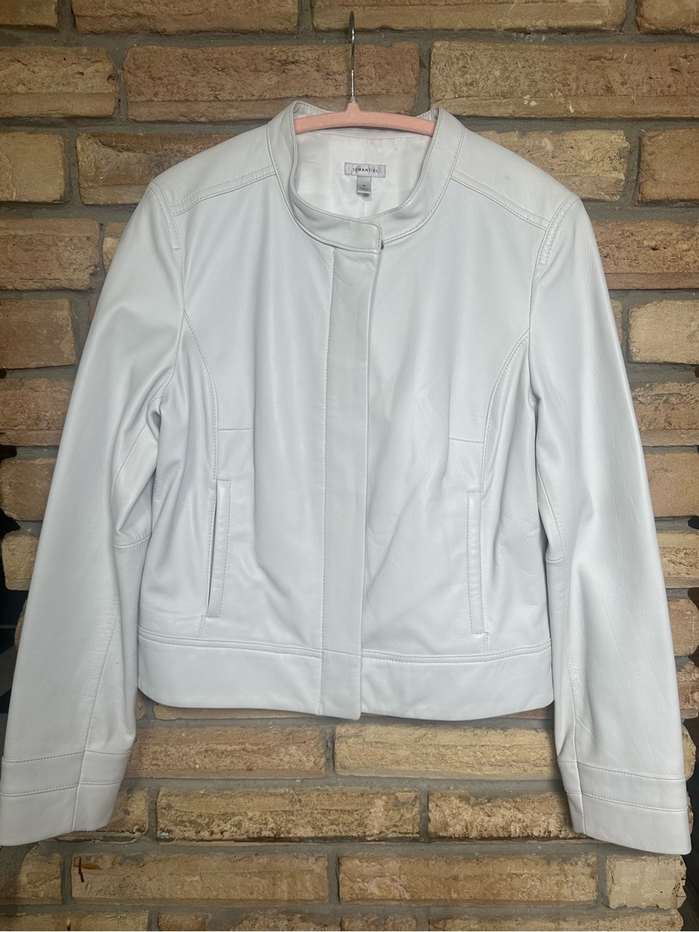 Semantiks Women's White Leather Jacket with Stand Collar
